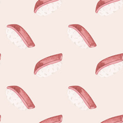Watercolor seamless pattern Japanese sushi with tuna hand drawn.