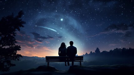 Romantic couple enjoying stargazing on a park bench at night