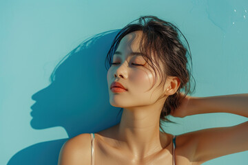 beautiful asian woman with swimsuit posing on blue background