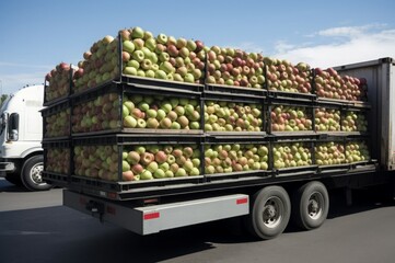 Apple filled containers truck ready for export. Nature fruit food seasonal crates. Generate Ai