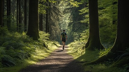 A fit and healthy man enjoying a morning run on a scenic forest path
