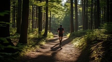 A fit and healthy man enjoying a morning run on a scenic forest path