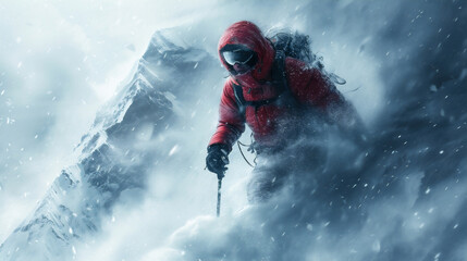 吹雪の中登山する人