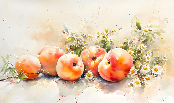 Watercolor painting peaches, Generative AI