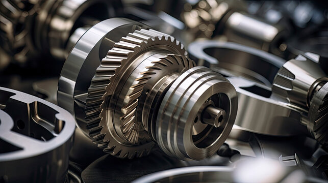 Precision-engineered aerospace components in the midst of CNC machining. This image captures the essence of modern manufacturing, featuring the intricate workings of gear wheels and metal parts.