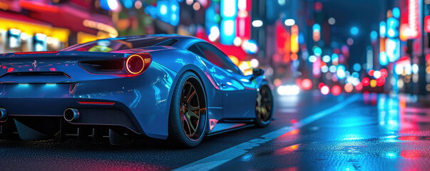 blue sports car at night in city center