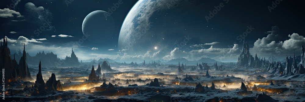 Poster space landscape with a landing module on the surface of the moon and an incredible view of the earth