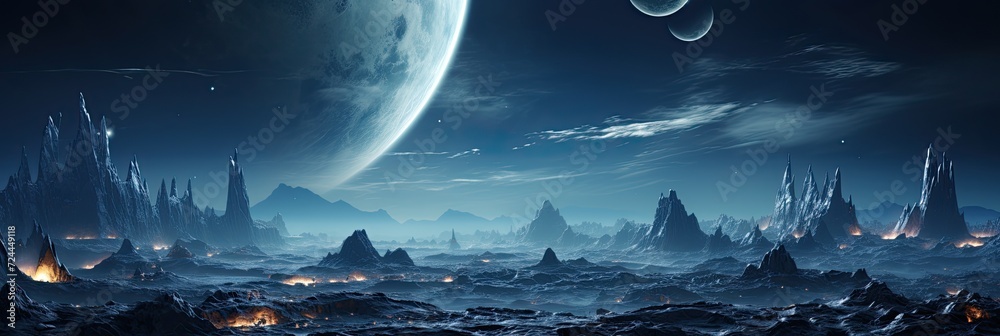Poster Space landscape with a landing module on the surface of the Moon and an incredible view of the Earth, breathtaking sights of a thriving lunar colony, Generative AI