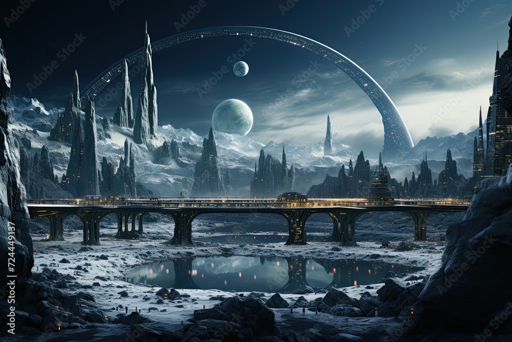 Poster Space landscape with a landing module on the surface of the Moon and an incredible view of the Earth, breathtaking sights of a thriving lunar colony, Generative AI