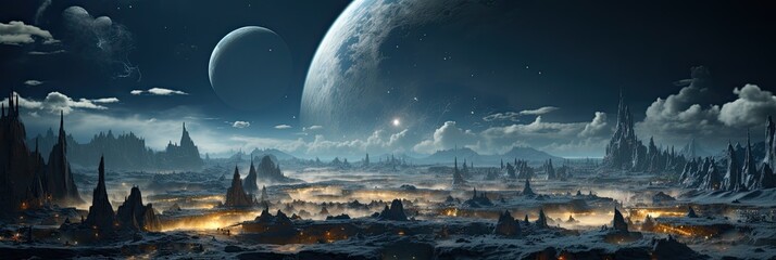 Space landscape with a landing module on the surface of the Moon and an incredible view of the Earth, breathtaking sights of a thriving lunar colony, Generative AI