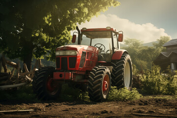 Obraz premium Tractor in a field. Farm. Agriculture. Harvest in a field. Agricultural professions. Peasant world. Harvest period.