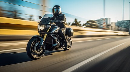 Motorcycle rider in helmet and leather jacket racing on asphalt road with blurred background