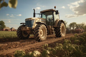 Obraz premium Tractor in a field. Farm. Agriculture. Harvest in a field. Agricultural professions. Peasant world. Harvest period.