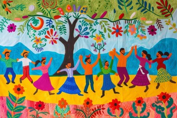 A folk-style scene showing a community festival, with people dancing and celebrating, symbolizing communal support and joy