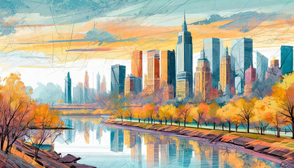 City skyline at the river side flat art illustration