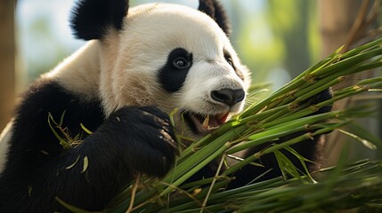 Fototapeta premium A cute and fluffy panda enjoying a bamboo snack in a green forest