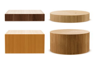Brown wooden 3d product podium in shape of square and circle. High and small platform with wood texture for natural goods display. Realistic vector mockup of empty pedestal for presentation