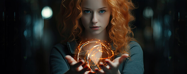 Mystic woman with glass or crystal ball in hands. - obrazy, fototapety, plakaty