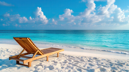 Wicker beach chair on a tropical beach on a sunny day.