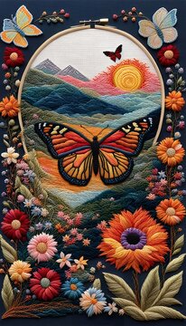 Butterfly Flower and the Sky Embroidery Art 