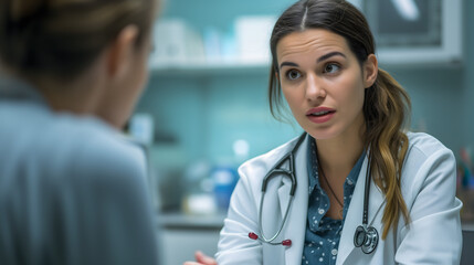 Fototapeta premium a female doctor in a modern, well-lit office, discussing a patient's health condition. The focus is on the doctor's empathetic expression