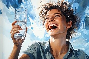 beautiful woman holds a glass of water and smiles, positive impact water on the body, Generative AI - obrazy, fototapety, plakaty