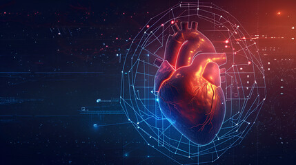 futuristic medical research or heart cardiology health care with diagnosis vitals infographic biometrics for clinical and hospital stethoscope and catheter services as wide banner, generative ai