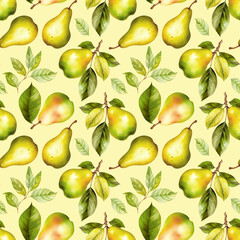 Seamless pattern with green and yellow pears and leaves in watercolor style on beige background. Summer juicy fruit print for fabric or wrapping paper without background in detolored vintage style.