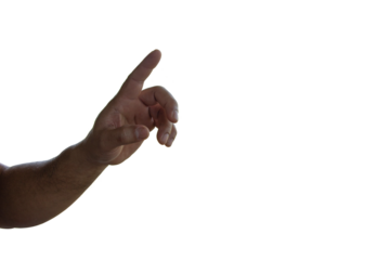 Close up young man hand gesture about point or push sign isolated transparent background for design idea png concept.