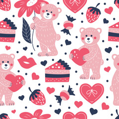 Seamless pattern of teddy bear and sweets. Background for Valentine's Day. - 724450527
