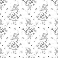 Seamless pattern with rabbit and flowers. Drawn in doodle style. - 724450534