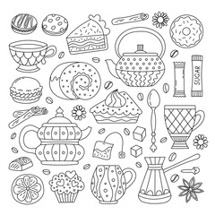 Tea, coffee and dessert elements in doodle style. Baking and sweets for your design. - 724450551