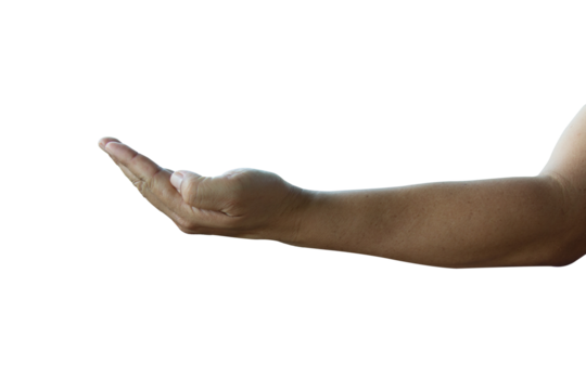 Close up young man hands gesture about person hand holding something sign on isolated transparent background for png design concept.