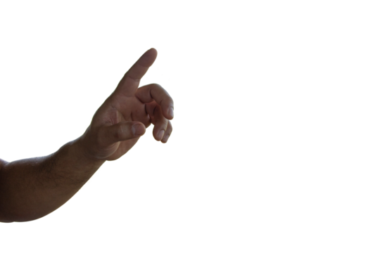 Close up young man hand gesture about point or push sign isolated transparent background for design idea png concept.