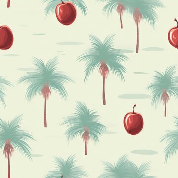 Palm Trees and Apples Pattern on White Background