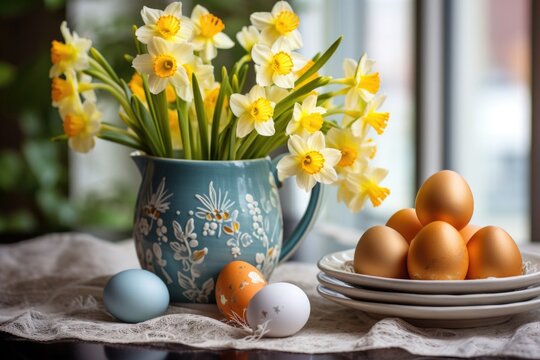 Vase with spring flowers,Easter colored eggs .Easter