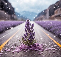 Lavender flower in the middle of the road with snowfall
