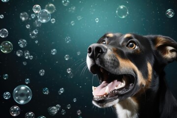 Funny dog on monochrome background with soap bubbles. Pet care, bathing.