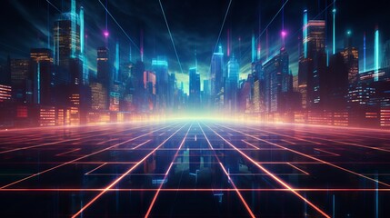 Retro-futuristic cyberpunk sci-fi background with neon lights and grids