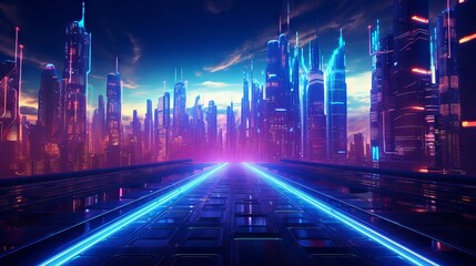 Retro-futuristic cyberpunk sci-fi background with neon lights and grids