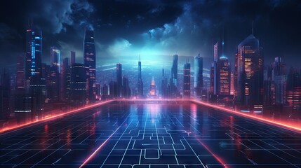 Obraz premium Retro-futuristic cyberpunk sci-fi background with neon lights and grids