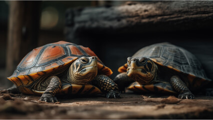 AI generated illustration of two turtles with large eyes and brown shells gaze at each other