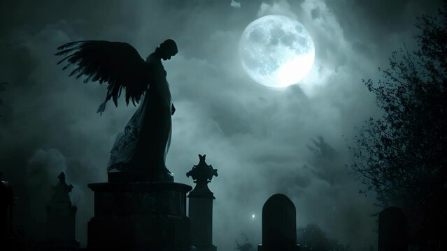 A winged silhouette caught in the light of a full moon appears to be dancing a the tombstones of a forgotten graveyard its shadowy movements adding to the eerie atmosphere.