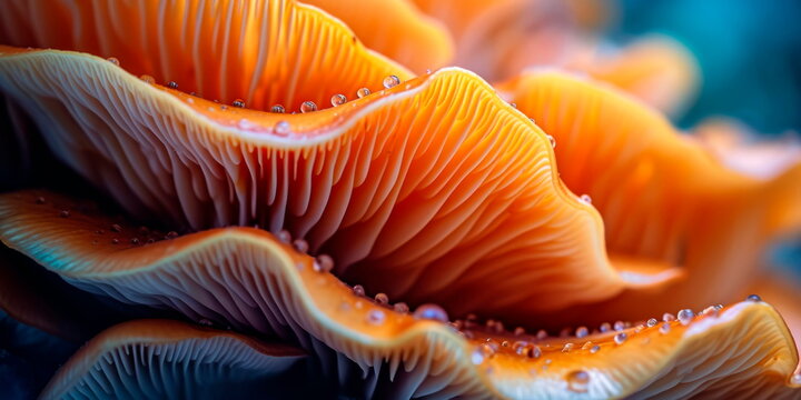 the intricate textures and organic shapes of a mushroom cap in macro shots. Generative AI