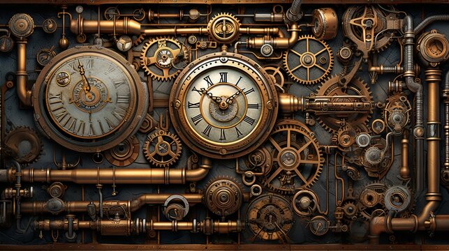 A retro-futuristic vision of a steampunk society with industrial elements and horology