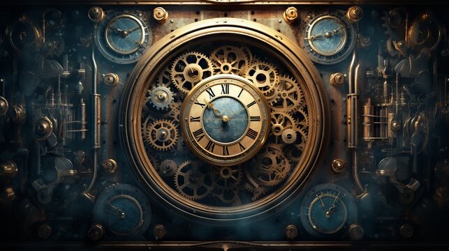 A retro-futuristic vision of a steampunk society with industrial elements and horology