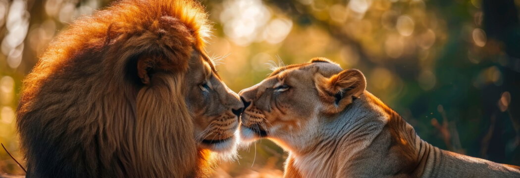 lion and a lioness in love admire each other in a paradise safari, Generative AI