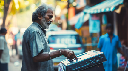 an indian casting their vote, capturing the diversity of urban voters - obrazy, fototapety, plakaty