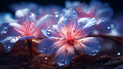 Beautiful flowers on blue background computer digital wallpaper, A wet pink flower reflects beauty in nature close 