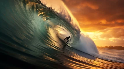 Fotobehang Surfing at dusk: a thrilling adventure on a huge wave © Ameer